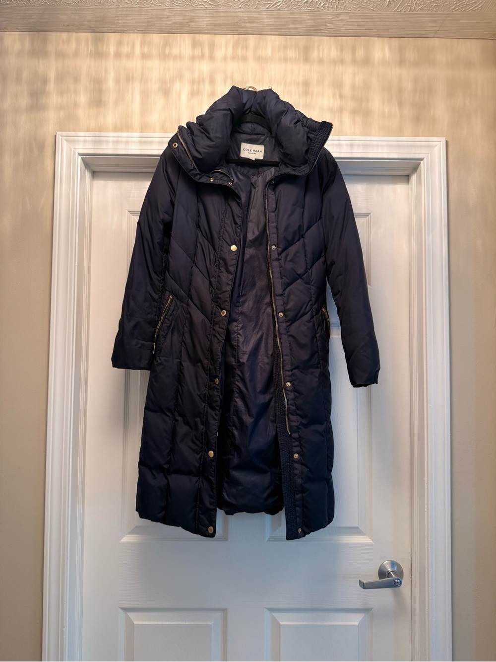Cole Haan Dark Navy Quilted Long Puffer Coat with High Collar - Picture 3 of 11